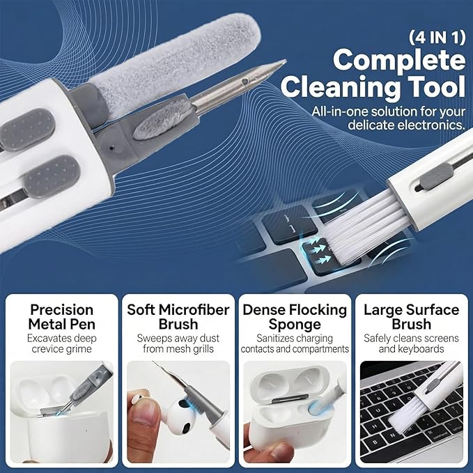 Airpod Cleaner Kit 4-in-1 Cleaning Pen for AirPods Pro 1 2 3 4 - Soft Brush, Flocking Sponge, Metal Tip for Earbuds, iPhone, Keyboard, Bluetooth Headphones