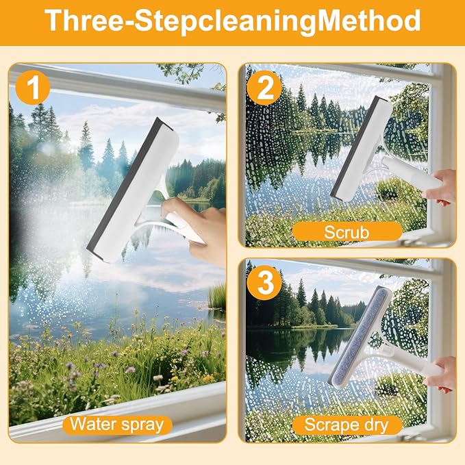 Pro 3 in 1 Window Cleaning Scraper, with 2 Replaceable Cleaning Cotton Strips 3 in 1 Spray Squeegee, Window Squeegee, Suitable for Cleaning Bathroom Glass, Mirrors, Car Windows (Yellow)
