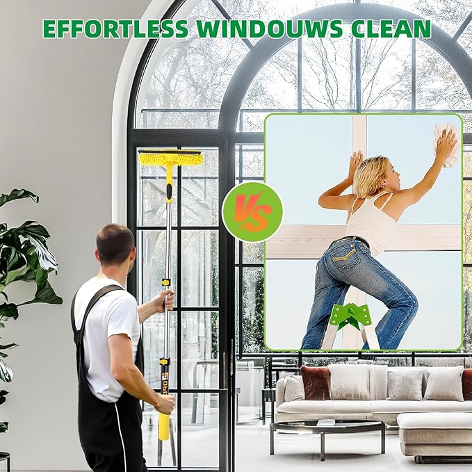 45'' Long Reach Window Squeegee with Telescoping Extension Pole, 2-in-1 Indoor/Outdoor Cleaning Tool with 270° Rotatable Head, Lightweight Alloy Aluminum Pole for Shower Door, Mirror, Car Windshield