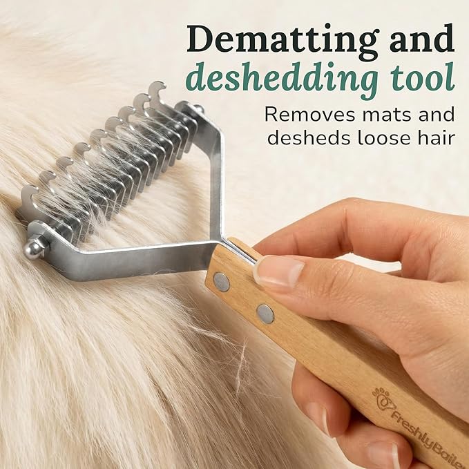 Freshly Bailey Dematting Comb for Cats and Dogs, Mat Remover and Deshedding Grooming Tool, Safe Detangler for Matted Fur, Double Sided Undercoat Rake