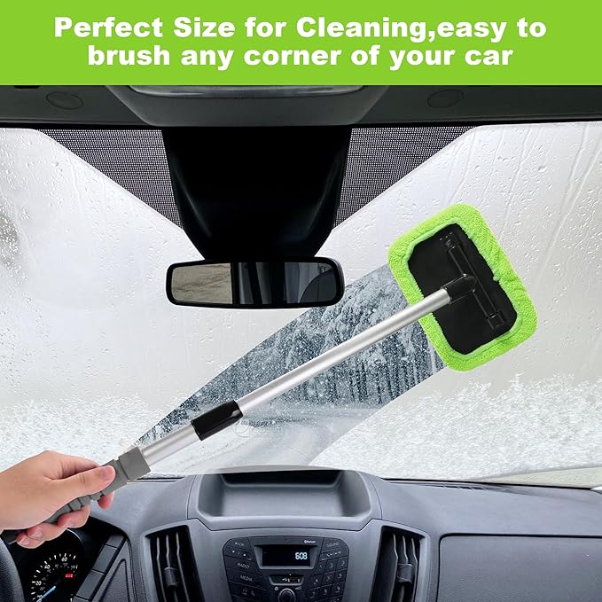 XINDELL Windshield Cleaner Tool – Car Window Cleaning Tool 27inch Extendable Long Handle for Easy Cleaning, 9pcs Reusable Microfiber Pads, Streak-Free Interior & Exterior Auto Glass Cleaner (Green)