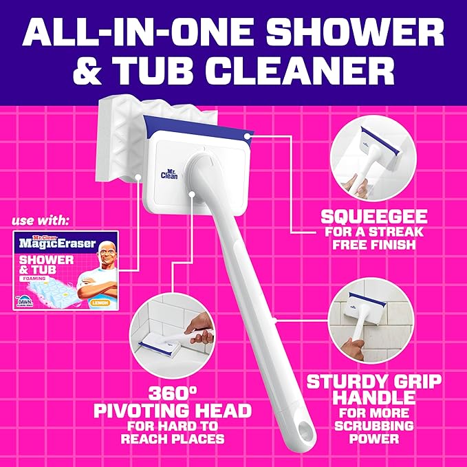 Mr. Clean Magic Eraser Shower & Tub Scrubber, Bathroom Cleaner, All in One Bathroom Cleaner, Lemon Starter Kit, 1 Scrubber & 2 Foaming Magic Erasers (Pack of 8)