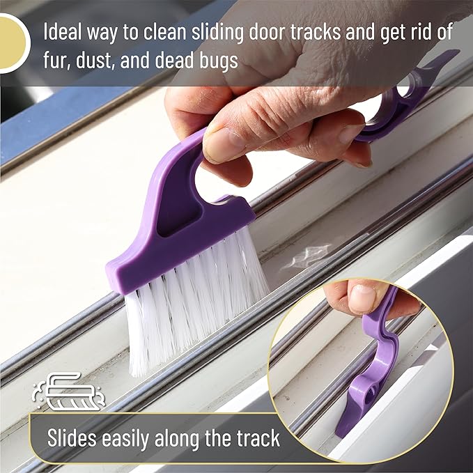 Slick- Window Track Cleaning Brush, 2 Pack, Yellow/Purple Ergonomic Handle, Built-in Scraper, Multipurpose, Window Track Cleaning Tools