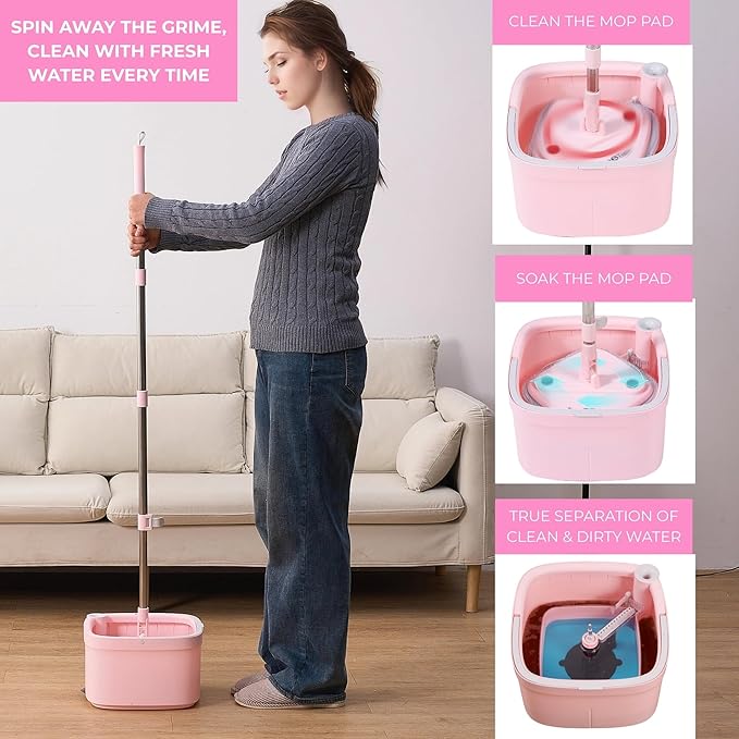 Limited Edition Heavy Duty Mop for Floor Cleaning Separates Clean from Dirty Water, Self Wringing 360° Rotating Square Mop-Head for Hardwood Tile Marble Floor, Rose