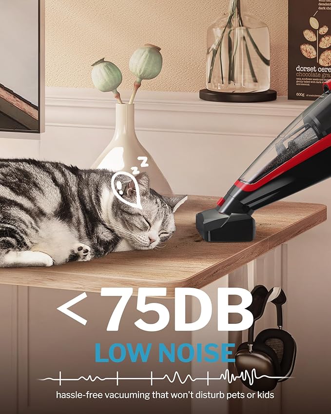 Powools Pet Hair Handheld Vacuum Cordless, Car Vacuum Rechargeable with Reusable Filters, Motorized Brush and Multi-Accessories for Carpet, Couch & Stairs, Red, 17.0"X 4.6"X 6.6"