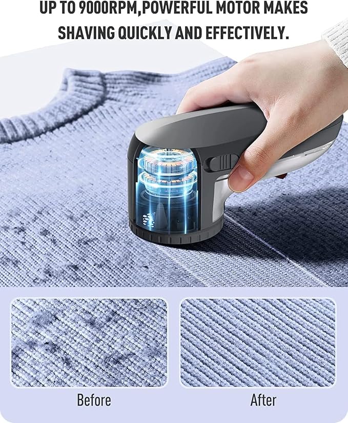 Ruidla Fabric Shaver Defuzzer, Electric Lint Remover, Rechargeable Sweater Shaver with Stainless Steel 3-Leaf Blades, Dual Protection, Removable Bin, Easy Remove Fuzz, Lint, Pills, Bobbles