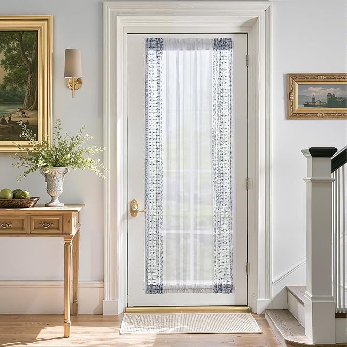 jinchan French Door Curtain Privacy Boho Embroidered Semi Sheer Voile Front Curtain for Window Doorway Closet, Door Panel with Tieback Rod Pocket 1 Panel (Blue on White, 55W x 72 L Inch)