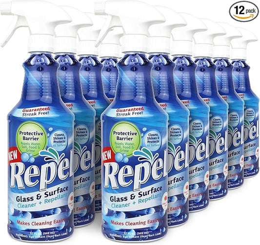 Clean-X New REPEL Glass and Surface Cleaner with Barrier Technology- 32 fl. oz. – 12 Pack Cleans and repels water and soil- Professional Cleaners by UNELKO Pro