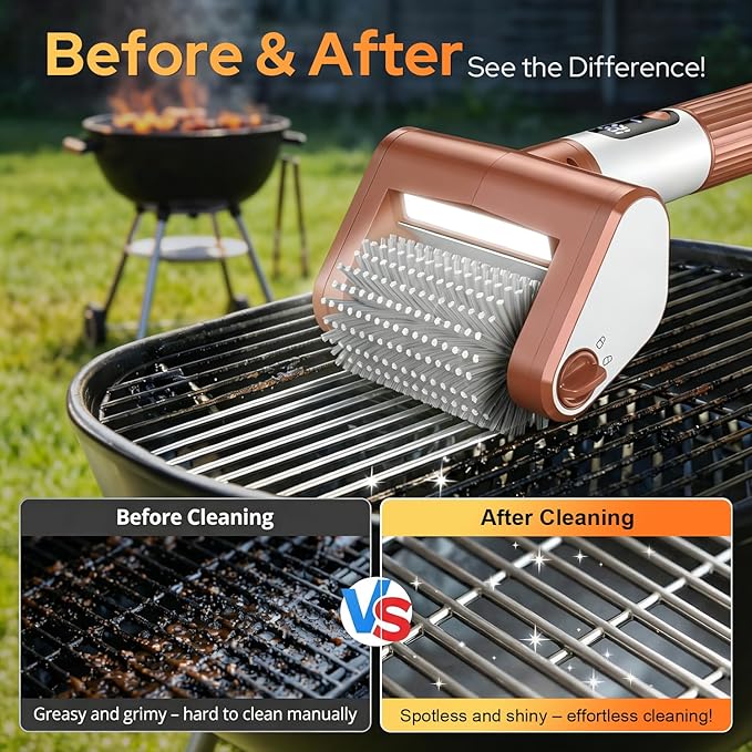 Electric Grill Brush for Outdoor, 2026 BBQ Grill Cleaner with Digital Display, Variable Speed Cordless Grill Brush, Waterproof & Replaceable Heads Grill Cleaning Brush for Barbecue Grates