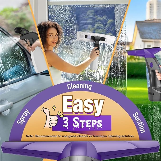 Window Vacuum Squeegee Cordless, 2000Pa Electric Window Cleaner with Power Blade, Vacuum Squeegee for Window Cleaning, Streak-Free Window Vacuum with 360ml Spray Bottle for Windows, Mirrors, Tiles