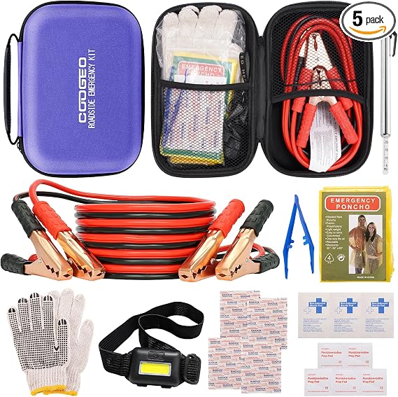 Car Roadside Emergency Kit with Battery Jumper Cables, Purple