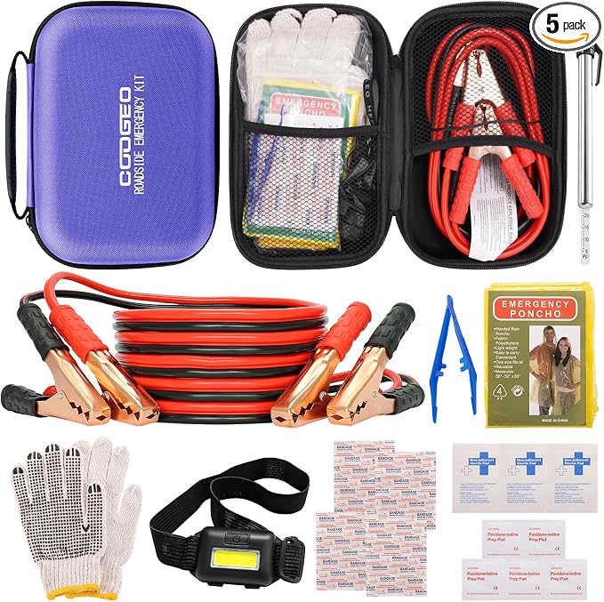 Car Roadside Emergency Kit with Battery Jumper Cables, Purple
