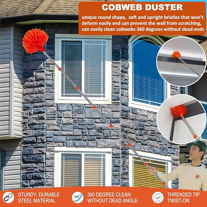 20 Feet High Reach Duster Kit with 2-14 ft Extension Pole, Cobweb & Corner Brush Cleaning Duster Kit for Cleaning, Microfiber Feather Duster Cleaner with Washable Head for Ceiling Fan, Furniture, Home