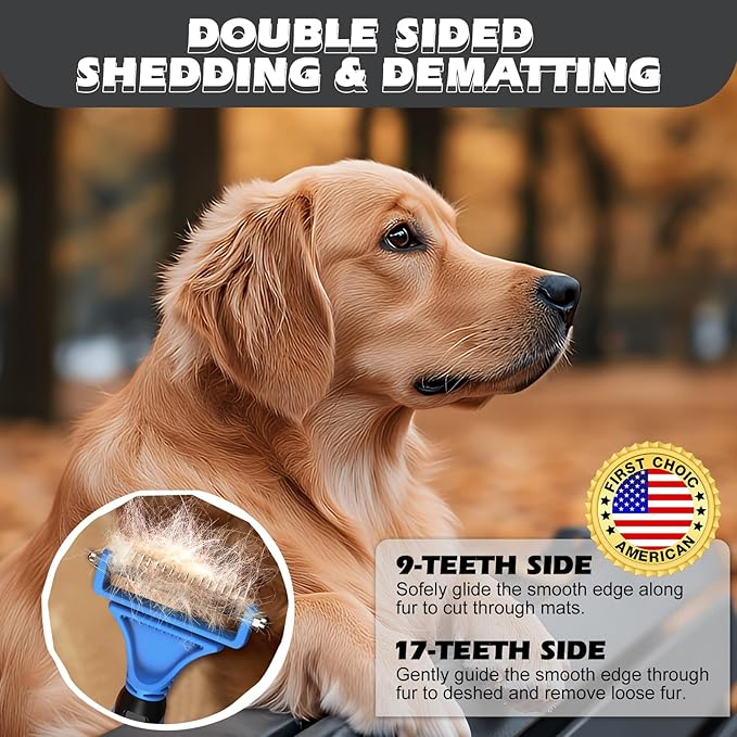 3PCS Pet Grooming Rake & Metal Comb & Flea Comb for Cats and Dogs, Double-Sided Dematting Tool, Extra-Wide Deshedding Dog Brush for Long Hair to Effectively Remove Tangles, Knots and Mats (Blue)