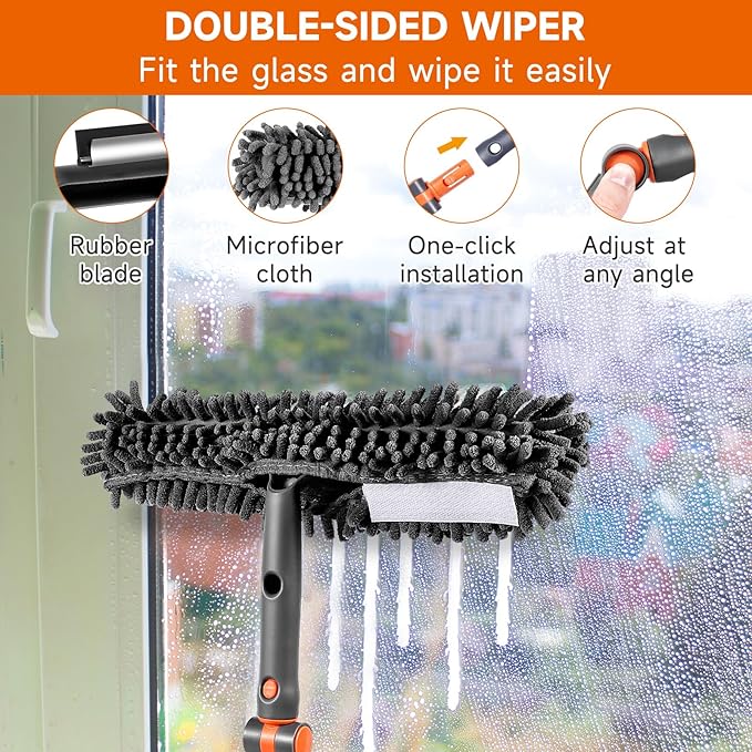 Chabatree Window Squeegee Cleaner Set 2-in-1 Window Cleaning Tool with Extendable Pole, Window Cleaning kit with Bendable Head for Indoor & Outdoor Glass for Car Indoor Outdoor High Windows