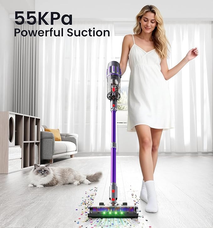 Cordless Vacuum Cleaner,650W 55KPA 80Mins Cordless Stick Vacuum with Smart Display,1.8L Cup,V-Shaped Anti-Tangle Brush,Wall Mount Charging,Self-Standing Vacuum Cleaners for Home,Floor,Carpet,Pet Hair