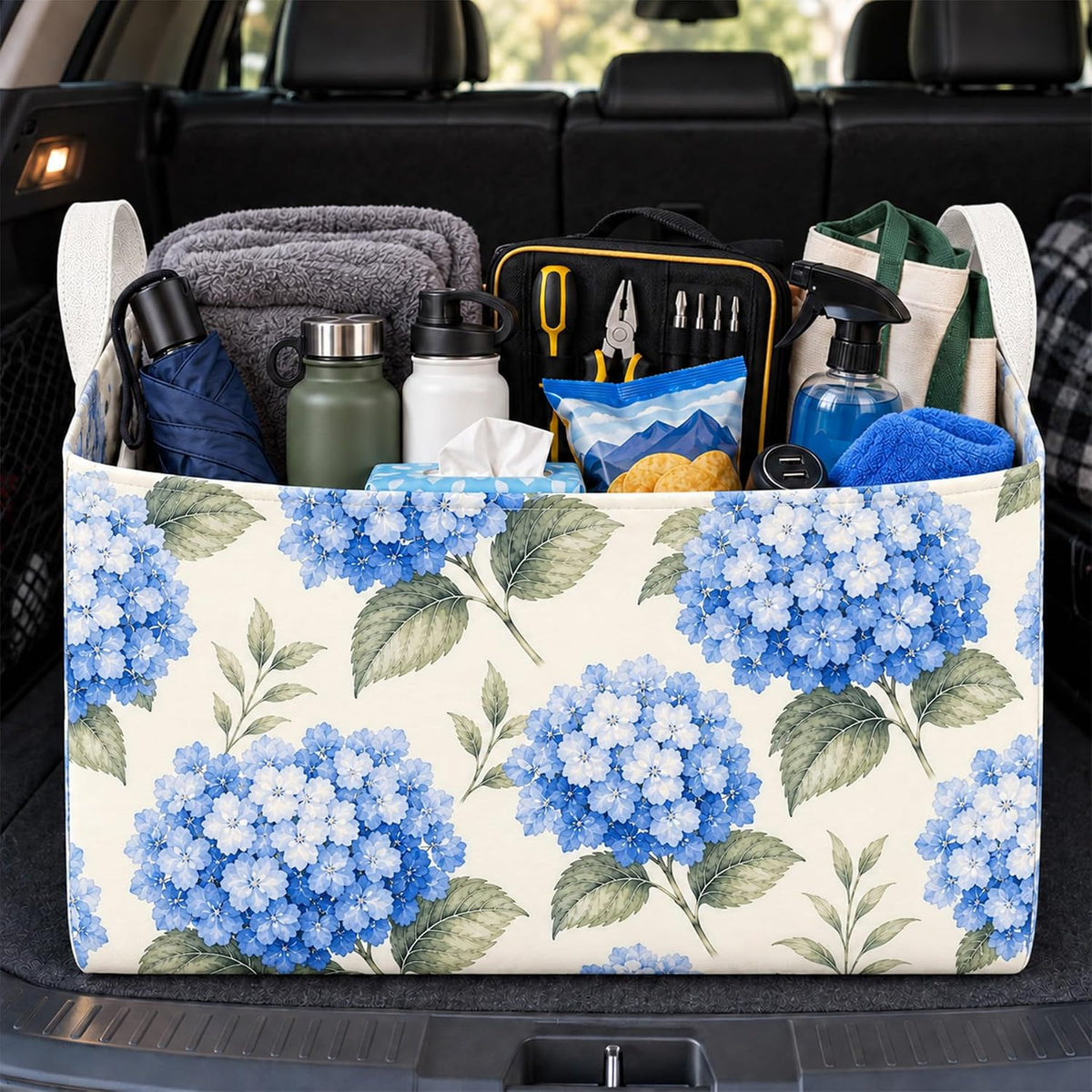 Hydrangea Car Trunk Organizer, Foldable Auto Storage Basket with Handles