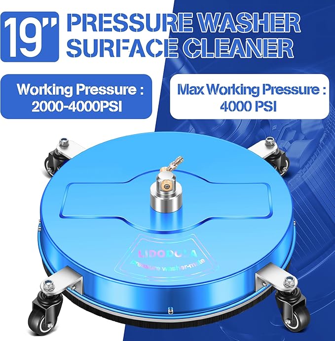 LidoDola 19'' Pressure Washer Surface Cleaner with 4 Wheels - Stainless Steel Surface Cleaner for Pressure Washer Attachment for Concrete, Driveway, Patio, Sidewalk, Deck and Driveways (19 INCH Blue)