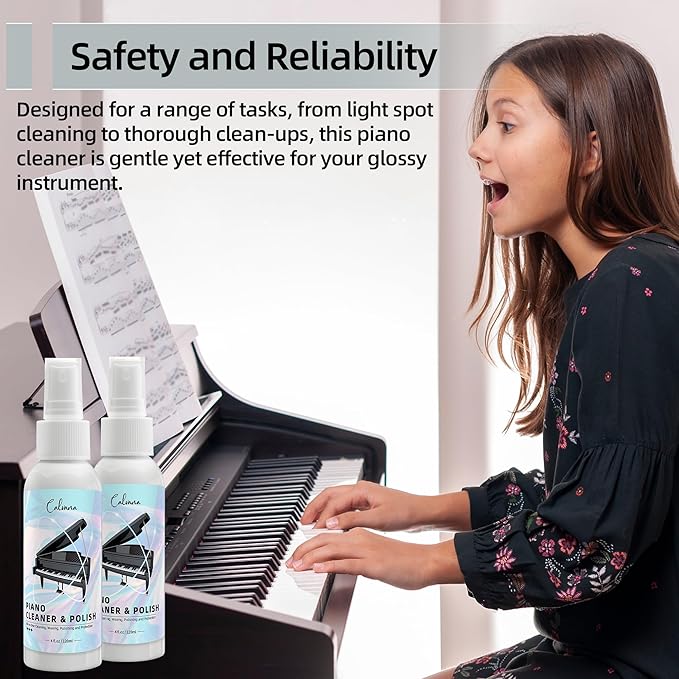 Calvana (2-Pack) 2-in-1 Piano Cleaner and Polish Kit, Includes 12x12 Microfiber Cleaning Cloth, Piano Accessories for Most Piano Surfaces, Grand Piano, Digital Piano, Baby Grand Piano, Violin, 4 OZ×2
