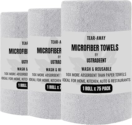 Microfiber Cleaning Cloth Roll -75 Pack - 3 Rolls, Tear Away Towels, 12" x 12", Reusable Cleaning Rags and Microfiber To