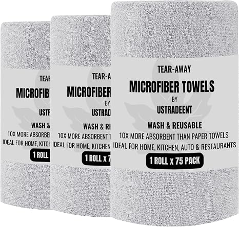 Microfiber Cleaning Cloth Roll -75 Pack - 3 Rolls, Tear Away Towels, 12" x 12", Reusable Cleaning Rags and Microfiber To