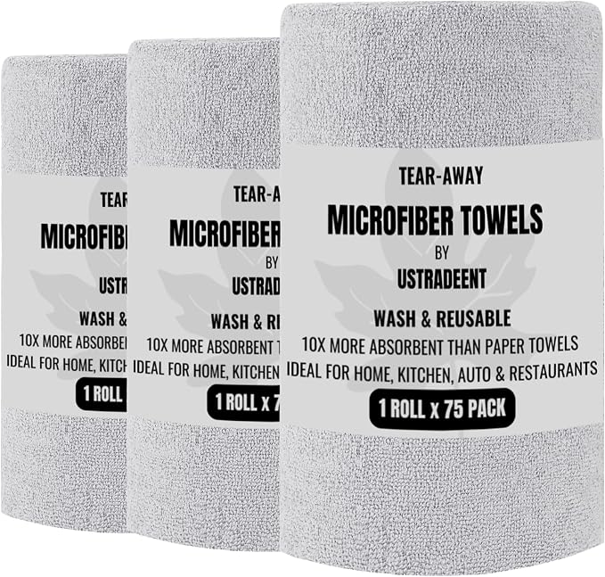 Microfiber Cleaning Cloth Roll -75 Pack - 3 Rolls, Tear Away Towels, 12" x 12", Reusable Cleaning Rags and Microfiber To