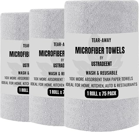 Microfiber Cleaning Cloth Roll -75 Pack - 3 Rolls, Tear Away Towels, 12" x 12", Reusable Cleaning Rags and Microfiber To