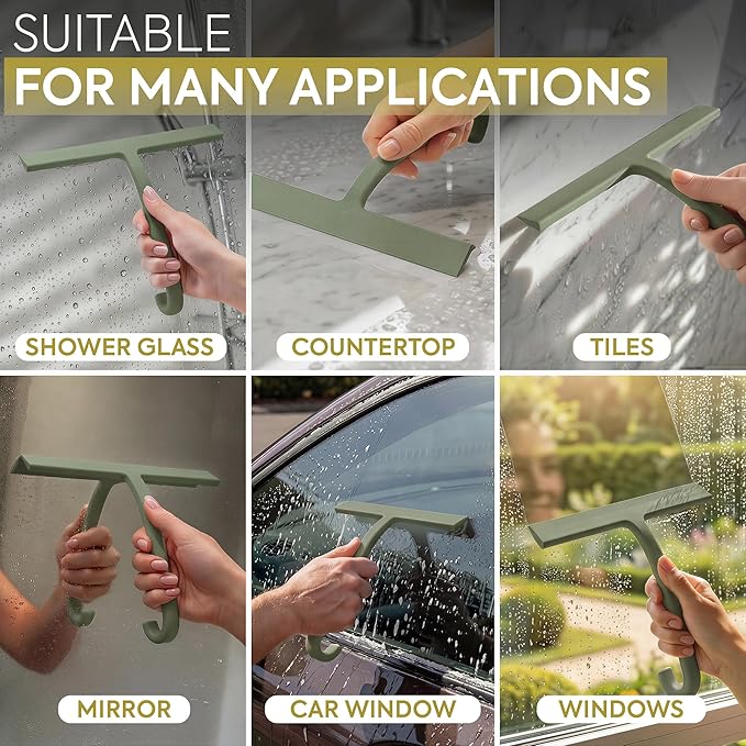 GÜTEWERK Shower Squeegee for Glass Doors – Bathroom Squeegee for Shower Glass & Tile Walls, Streak-Free & No-Squeak Silicone Blade, Stainless Steel Core, Hang Hook + Suction Cup, Green, 10 Inch