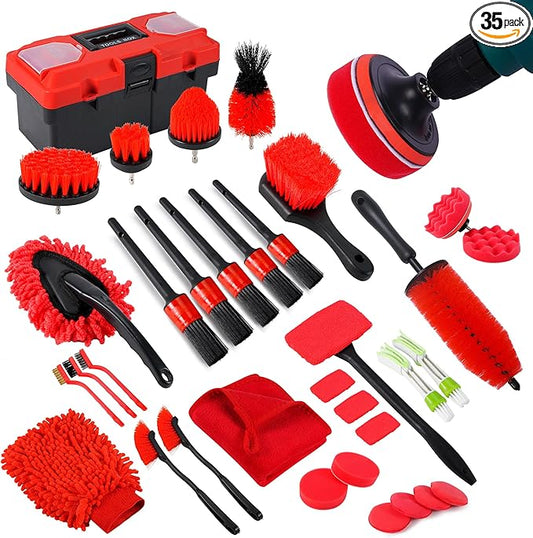 35Pcs Car Detailing Kit & Car Cleaning Kit – Windshield Tool, Long Wheel Brush & 2 Angled Brushes, 4 Polishing Pads & 4 Wax Pads – Red Tool Box – Gift for Men (B：35PCS-R)