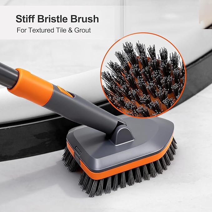 CLEANHOME Tile Tub Scrubber Brush with 3 Different Function Cleaning Heads and 56" Extendable Long Handle-No Scratch Shower Scrubber for Cleaning Bathroom Kitchen Toilet Wall,Bathtub,Sink,Grey