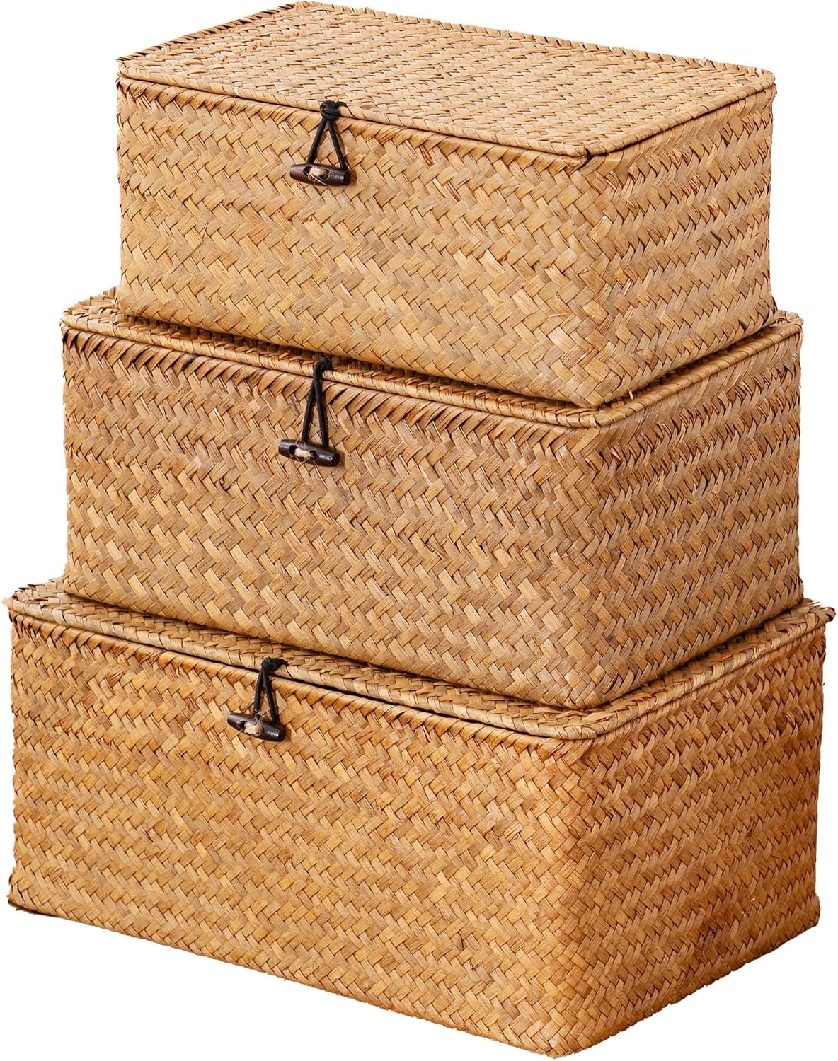Wicker Storage Basket with Lid,Seagrass Shelf Basket Set of 3,Natural