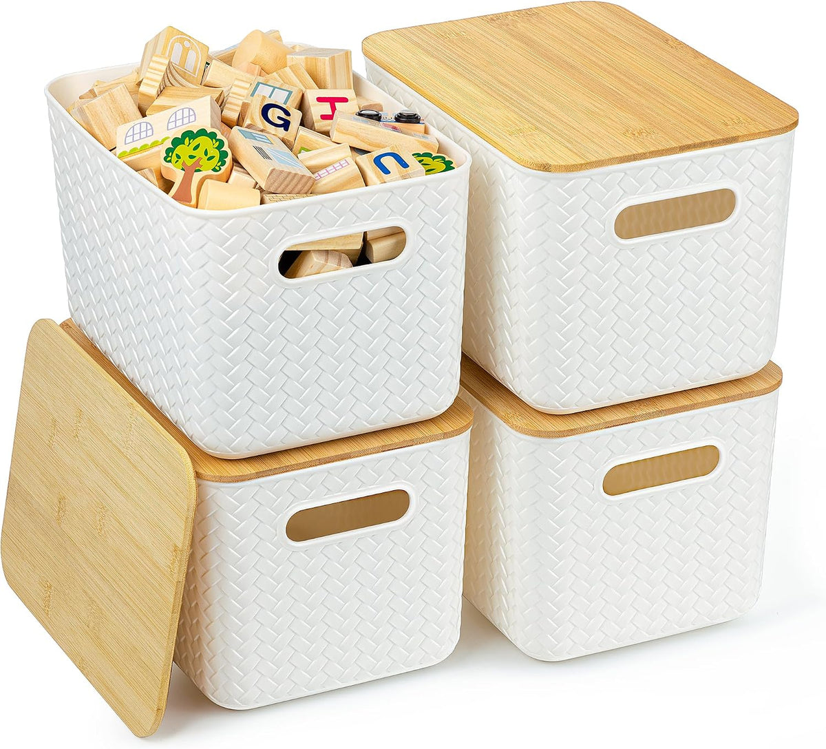 4 Pack Storage Bins with Bamboo Lids,Stackable Box for Organization
