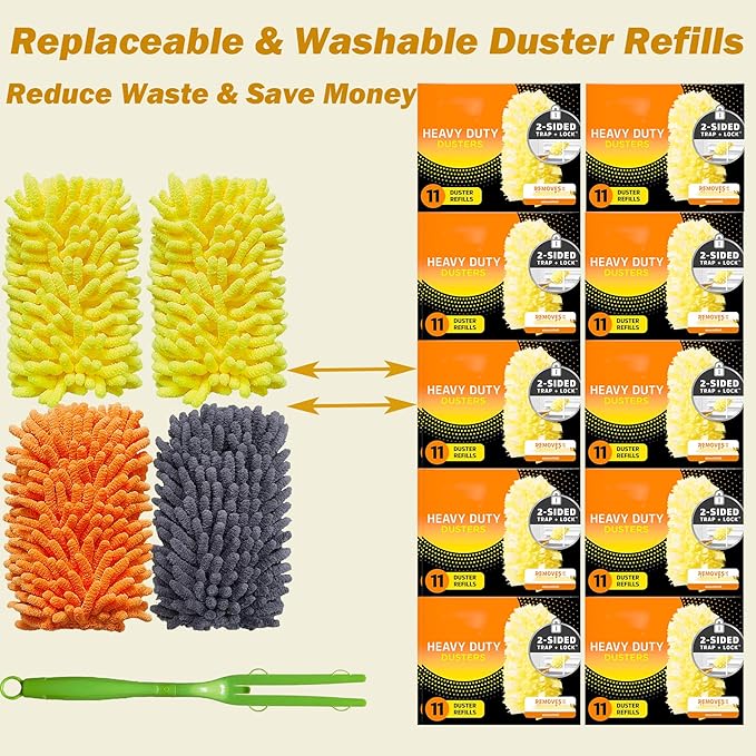 Reusable Duster for Swiffer, 360 Heavy Duty Duster Refill Compatible with Swiffer Hand Dusters for Dusting Furniture, Blinds, Ceiling Fans, Walls and More, 2 Refills +1 Handle, Yellow