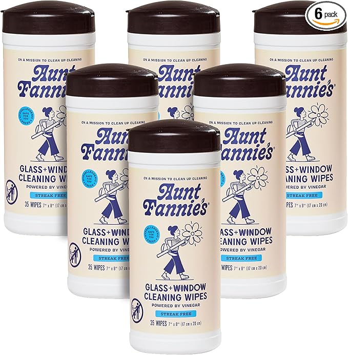 Aunt Fannie's Glass & Window Cleaning Wipes, Natural Streak-Free Glass Cleaner, 35 Count (Pack of 6)