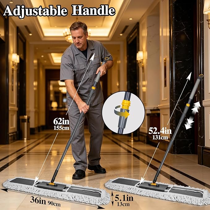 MASTERTOP Commercial Mop, 36'' Large Dust Mop,Heavy Duty Industrial Push Mops with 3 Reusable Microfibre Pads & 62'' Adjustable Handle for Home,Hotel,Mall,Warehouse
