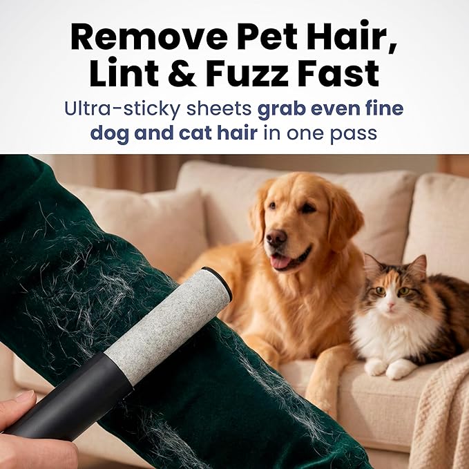 Rubyloo Mini Lint Roller for Pet Hair (1 Pack + 2 Refill Rolls) - Travel Size Sticky Pet Hair Roller with Retractable Cover - Cat & Dog Fur Remover for Clothes