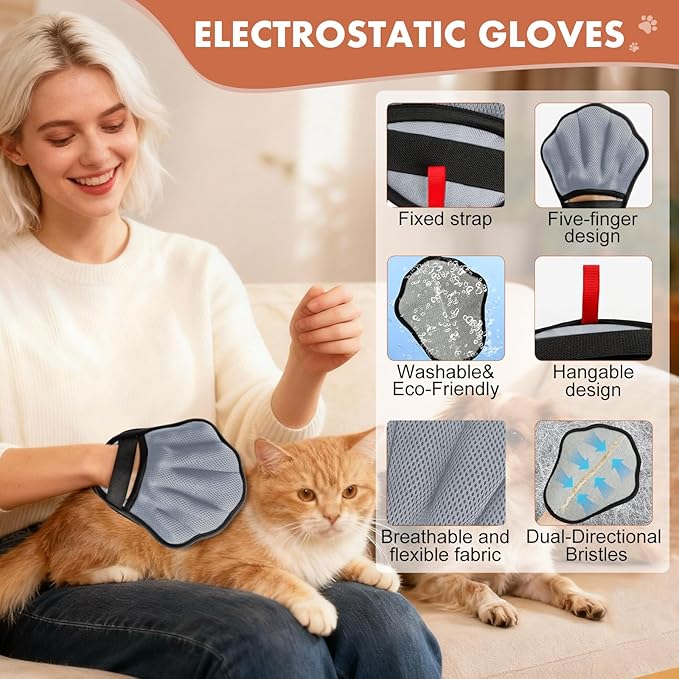 Pet Hair Removal Glove, Electrostatic Pet Hair Remover Glove for Cats & Dogs, Pet Hair Remover Tool for Laundry, Couch, Carpet, Car Seat - Upgraded Five-Finger, Reusable, Grey+Grey