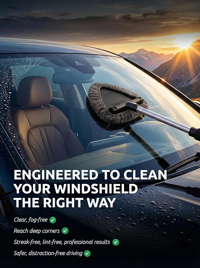 TAKAVU Car Window Cleaning Tool, Windshield Wiper Cleaner with Extendable Long-Reach Handle, 3 Washable Reusable Microfiber Bonnets, Car & Home Inside Interior Exterior Use - Lint Free (Grey)