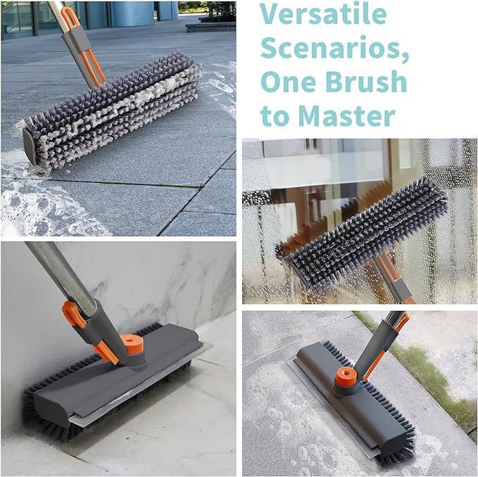 Floor Scrub Brush with Long Handle, 3 in 1 Scrape and Heavy-Duty Stiff Bristle Scrubber Brush for Cleaning Shower Bathroom, Patio, Pool, Garage, Kitchen, Wall and Deck (Gray, 1 Pack)