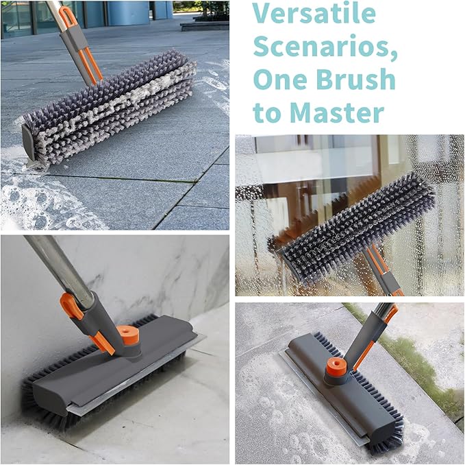 Floor Scrub Brush with Long Handle, 3 in 1 Scrape and Heavy-Duty Stiff Bristle Scrubber Brush for Cleaning Shower Bathroom, Patio, Pool, Garage, Kitchen, Wall and Deck (Gray, 2 Pack)