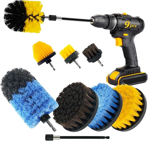 9 Pcs Drill Brush Attachments Set Fluffy Soft and Hard Bristles Horsehair Brush Cleaning Kit for Home Bathroom Car Kitch
