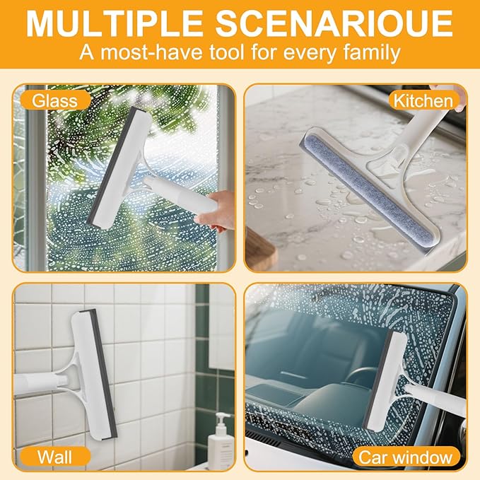 Pro 3 in 1 Window Cleaning Scraper with 2 Replaceable Cleaning Cotton Strips, 3 in 1 Spray Squeegee, Window Squeegee, Suitable for Cleaning Bathroom Glass, Mirrors, Car Windows (White)