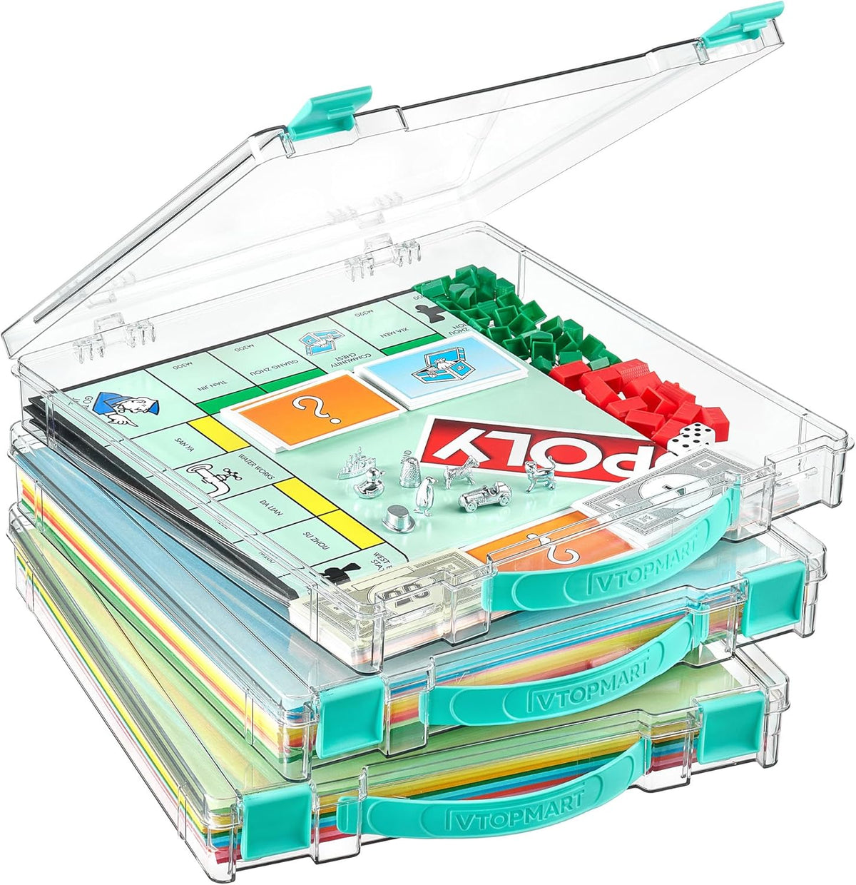 3 Pack Board Game Storage with Handle and Snap-Tight Latch Lid