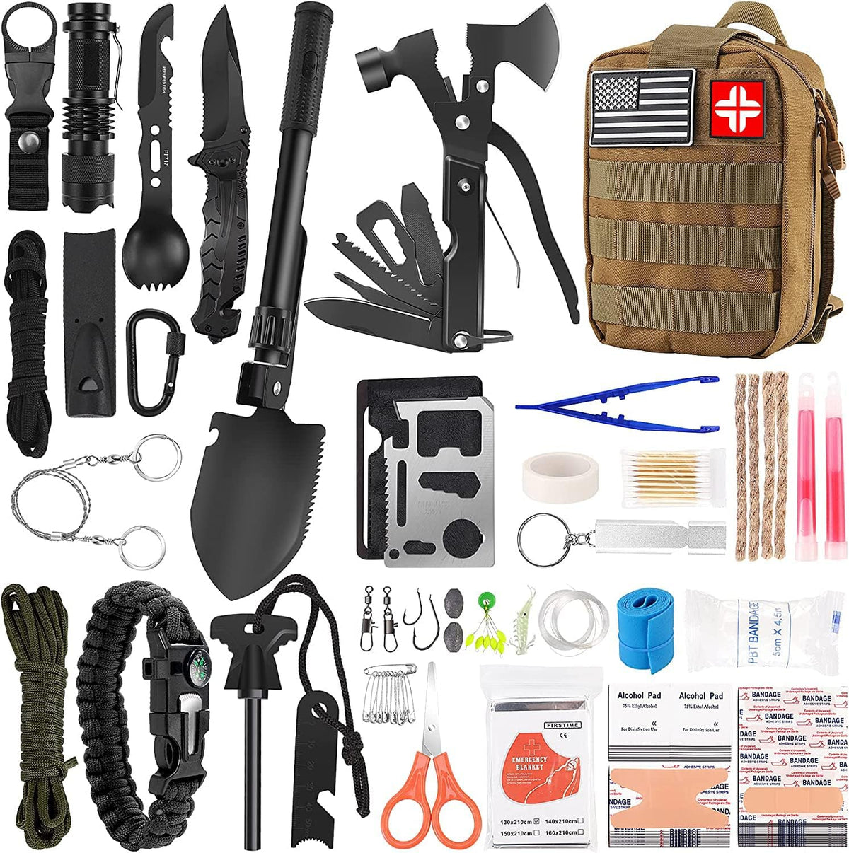 Emergency Survival Kit and First Aid Kit, 142Pcs Professional Survival Gear and Supplies Equipment with Molle Pouch, Gift for Christmas Men Dad Husband Camping Hiking Hunting Outdoor Adventure (Khaki)