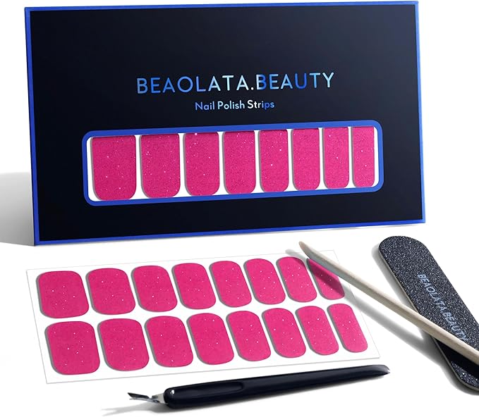 Nail Polish Strips, 32PCS Salon Quality Wraps, Long Lasting Gel Nail Stickers for Women Easy Apply& Remove (Fuschia Box Pink)