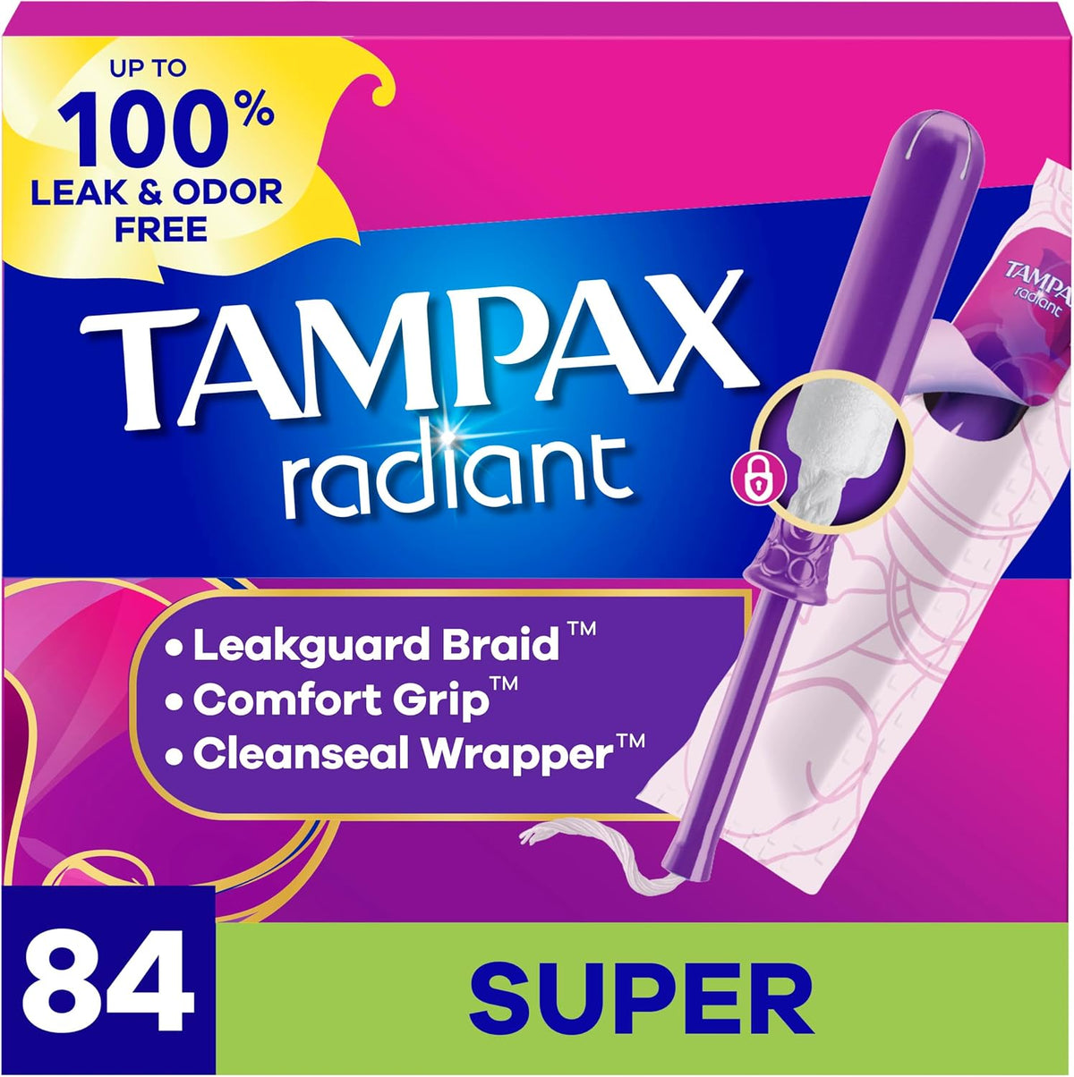 Radiant Tampons for Women, with LeakGuard Braid, Super Absorbency, Unscented, 84 Count (3 Packs of 28), Packaging May Vary