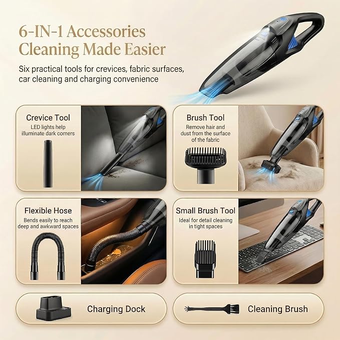 Handheld Vacuum Cordless, 25000Pa Powerful Suction Car Vacuum Portable Cordless with 8000mAh Battery & LED Light, Hand Held Vacuum Rechargeable with HEPA Filters, Home, Car Seats, Pet Hair Blue