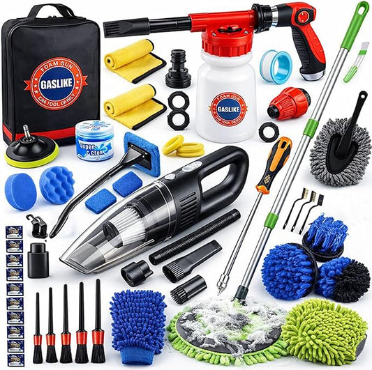 63PCS Car Wash Cleaning Kit,Car Wash Brush with Long Handle,Car Detailing Kit with Foam Gun,Car Cleaning Supplies,Handheld Vacuum, Car Detailing Kit (63PCS)