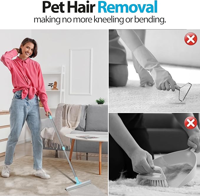 Carpet Rake for Pet Hair Removal Tool, 2 in 1 TPU and Copper Rake Teeth, Uproot Clean Hair Remover with 54’’ Adjustable Long Handle, Reusable Cat & Dog Fur Broom for Carpets,Rugs, Mats,Car