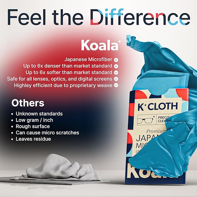 Koala Lens Cleaning Cloth | Japanese Microfiber | Glasses Cleaning Cloths | Eyeglass Lens Cleaner | Eyeglasses, Camera, VR/AR Headset, and Screen Cleaner | Blue & Purple (Pack of 12)